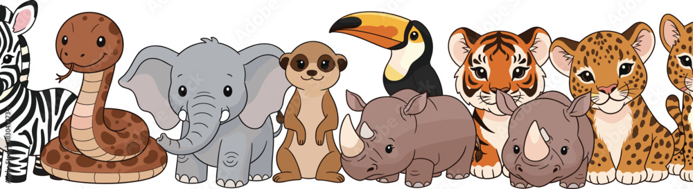 Fototapeta premium Adorable Vector Cartoon Border of Cute Wild Safari and Jungle Animals, Featuring a Zebra, Snake, Elephant, Meerkat, Toucan, Tiger, Rhino, and Leopard for Children's Design