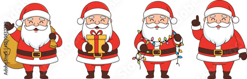 Vector Illustration Set of Classic Santa Claus Characters, Posing with a Sack of Toys, Holding a Gift Box, Tangled in Christmas Lights, and Giving a Thumbs-Up for Holiday Cheer
