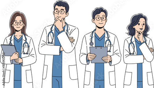 Vector Illustration of a Diverse Team of Doctors and Medical Professionals, Wearing Lab Coats and Scrubs, Holding Clipboards, and Posing Thoughtfully, Representing Healthcare and Consultation