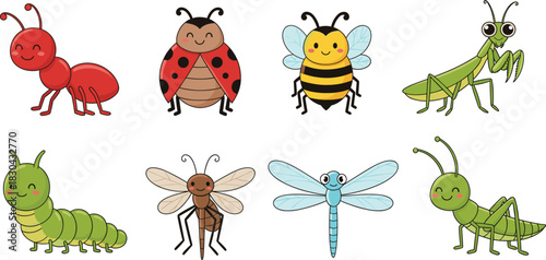Cute Vector Cartoon Set of Friendly Smiling Insects and Bugs, Including an Ant, Ladybug, Honey Bee, Praying Mantis, Caterpillar, Dragonfly, and Grasshopper, Ideal for Children's Design
