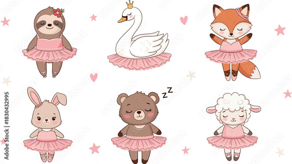 Naklejka premium Adorable Vector Set of Cute Animals Dressed as Ballerinas, Including a Swan, Sloth, Fox, Rabbit, Bear, and Sheep Wearing Pink Tutus, Perfect for Baby Shower and Nursery Design