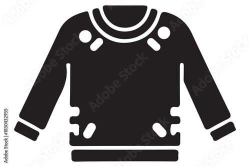 Black crew neck long sleeve sweater with decorative details isolated on white background