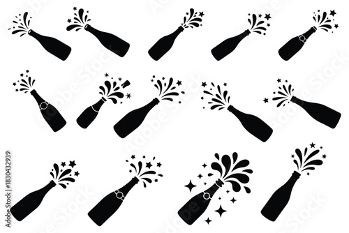 Black champagne bottles exploding with stars and splashes