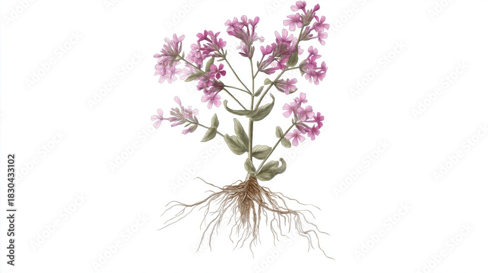 Naklejka premium Pink flowering plant with detailed root system displayed in artistic style