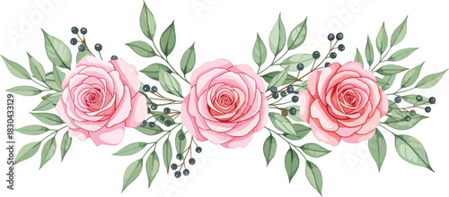 Elegant Vector Floral Arrangement of Three Soft Pink Watercolor Roses, Accented with Various Green Leaves and Dark Blue Berries, Forming a Beautiful Horizontal Border or Garland