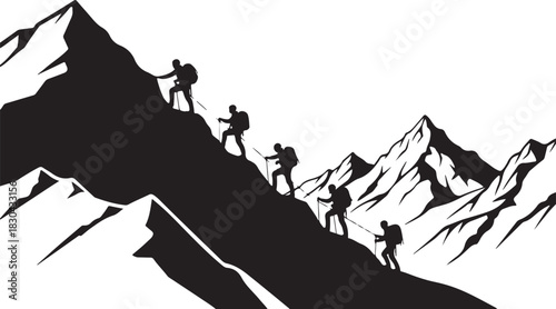 Mountain Hiking Silhouettes  Adventurer, Trekking & Camping Vector 
