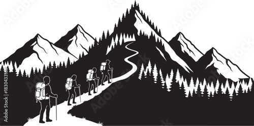 Mountain Hiking Silhouettes  Adventurer, Trekking & Camping Vector 
