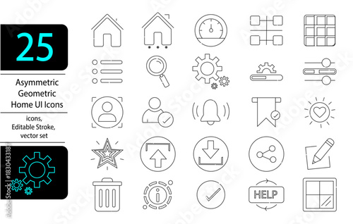 25 Asymmetric Geometric Home UI Icons set, Home Alt, Dashboard, Menu Grid, Search Minimal, Settings, Profile Check, Notification, Bookmark, editable stroke