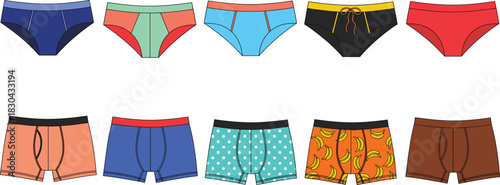 Colorful Vector Illustration Set of Men's and Women's Underwear, Including Briefs, Hipsters, and Boxer Briefs, Featuring Various Solid Colors, Color Blocking, and Playful Patterns like Bananas and Pol