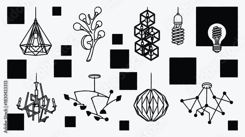 Black and white minimalist lighting fixtures with geometric shapes illustration
