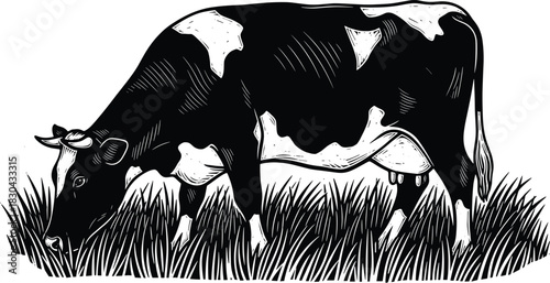 Vintage Engraving Style Vector Illustration of a Dairy Cow with Patchy Markings, Grazing in a Field of Grass, Perfect for Farm, Dairy, and Traditional Agriculture Designs