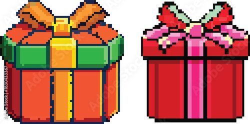 Colorful Pixel art gift boxes, Christmas and birthday present.