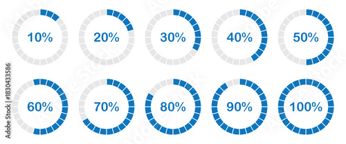 Infographics elements. Percentage round diagrams icons for infographics from 0 to 100 percent. Colour fill divided pie charts indicators in green, grey. Circle graph loading progress mockup.