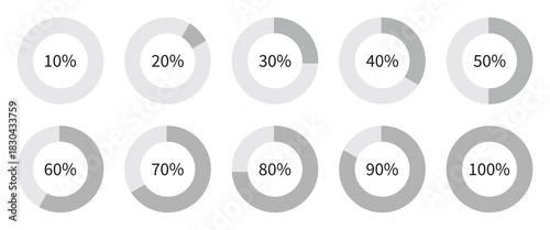 Set of round colorful infographic pie charts, template segment of circle icons 0% - 100%, simple flat design loading data interface elements app button ui ux web, vector isolated on white background