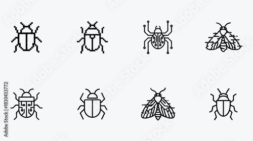 Vector design icons set with various bugs and insects outlines