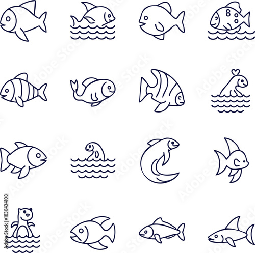 Delightful collection of hand-drawn fish and sea creatures swimming in a line art style perfect for nautical themes and adorable designs