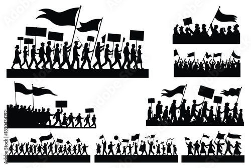 Black silhouettes of people marching with flags and signs