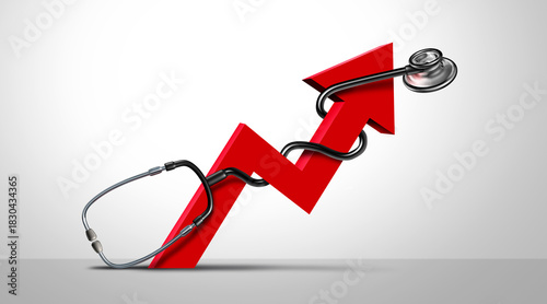 Rising Healthcare costs and higher health care prices as increase in medication and prescription medications or unaffordable hospital bills represented by a Doctor stethoscope and upward arrow.