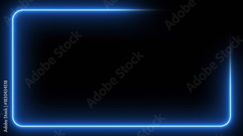 Blue neon frame on black background. Neon border frame
