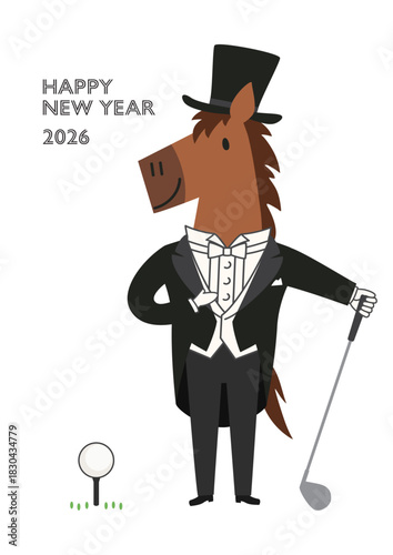ゴルフのクラブとボールを手にポーズを決める、燕尾服とシルクハットのオシャレな馬の2026年午年年賀状用ベクターイラスト