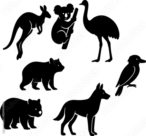 Silhouette collection of australian animals kangaroo koala emu platypus dingo kookaburra wombat representing native wildlife and biodiversity of australia on white background