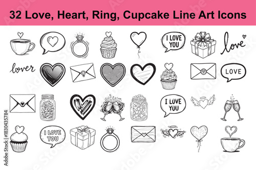Set of 32 love, heart, ring, cupcake line art icons ideal for romance related designs with valentines day and friendship themes
