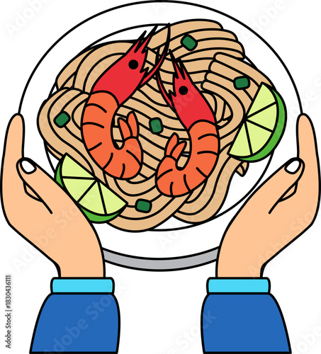 two hand holding a padthai