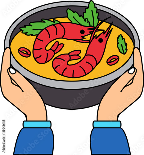 two hand holding a bowl of Tom Yum Goong