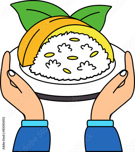 two hand holding a thai mango sticky rice