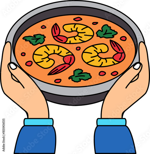 two hand holding a bowl of Tom Yum Goong