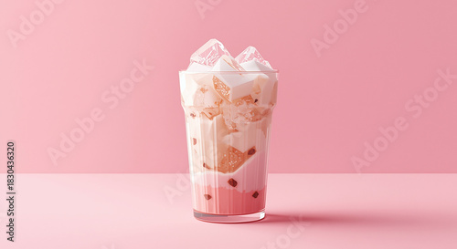  Minimalist pink iced milk tea with geometric ice cubes in a clear glass on pastel background, modern refreshing summer drink concept