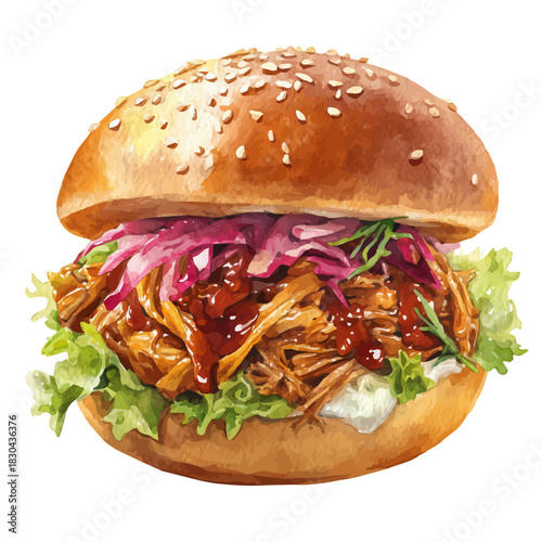 Watercolor isometric vector-style illustration of Pulled Pork Sandwich, isolated on white background.