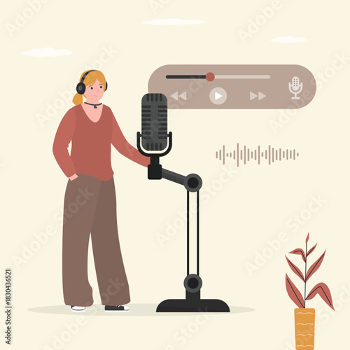 Female podcaster recording podcast in studio with microphone. Audio podcasting, online radio, stream or interview. Woman using mobile app. Podcast, radio show, radio host