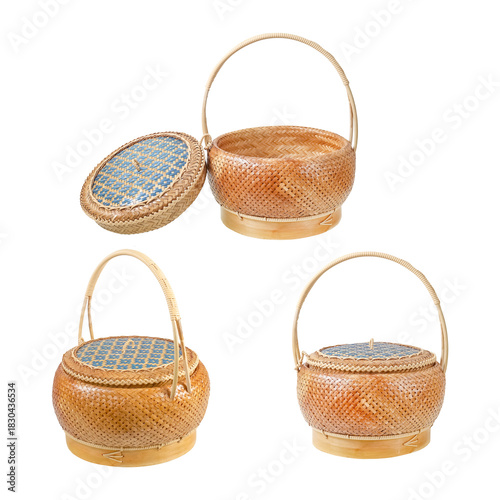 Handmade bamboo weave basket. Thai style design Isolated on white background