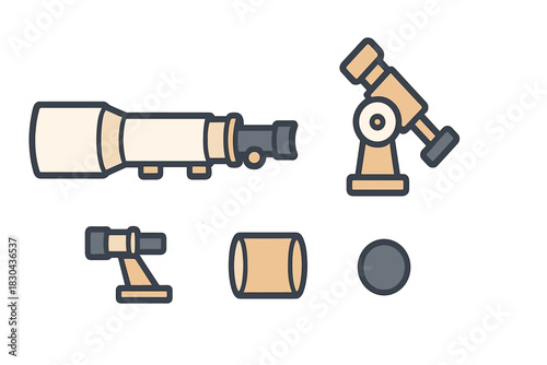 Detailed set of astronomy telescope components and optical viewing equipment