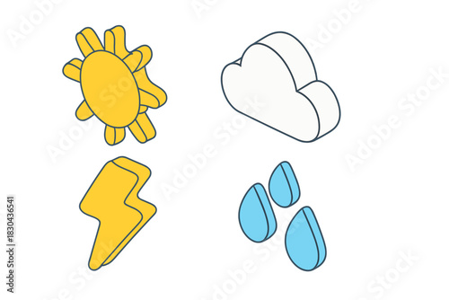 Isometric weather icons set with sun cloud lightning and rain drops for forecast and UI design