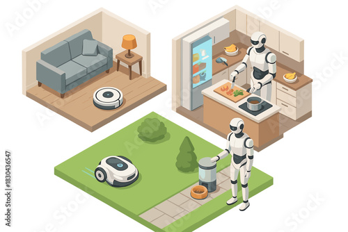 Domestic robots managing kitchen, living room, and garden maintenance in future smart home