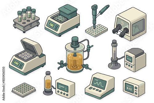 Isometric set of essential scientific laboratory instruments and biotechnology apparatus for research