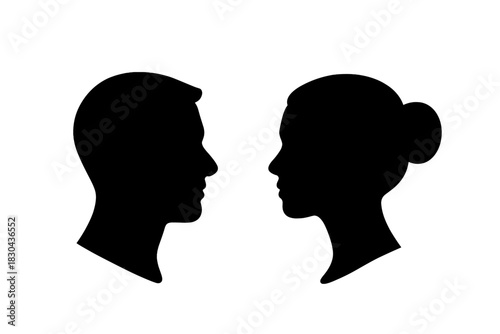 Black silhouettes of male and female head profiles facing each other