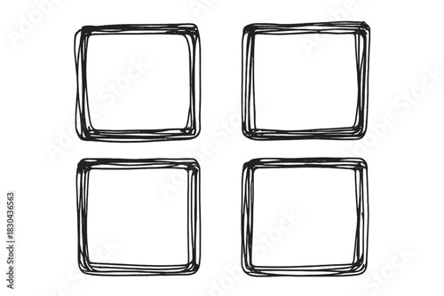 Four rough sketchy doodle square frames arranged in a grid pattern on a white background