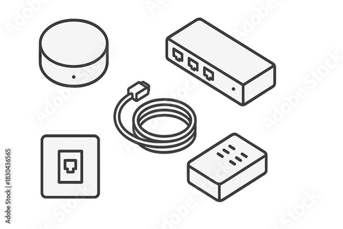 Isometric outline icons of networking equipment and smart home technology devices