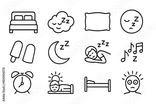 Minimalist line art concepts for sleeping, rest, bedtime, and common insomnia