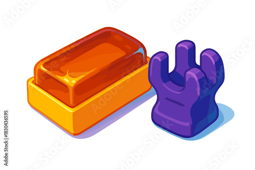 Stylized orange rectangular block and purple organic shape in isometric view