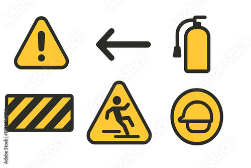 Essential set of workplace safety icons including caution, slip hazard, fire extinguisher, and hard hat symbols