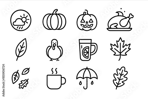 Minimalist outline symbols for autumn season, Thanksgiving dinner, and Halloween holidays