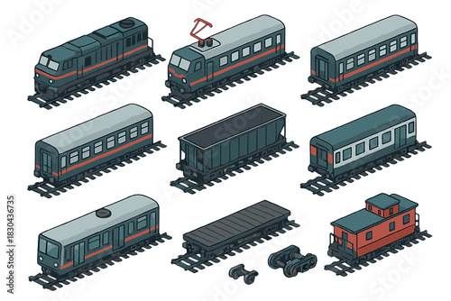 Isometric railway transport collection featuring locomotives, passenger carriages, and freight wagons