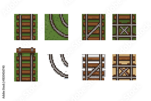 Seamless tile set of railway track elements in a retro video game style