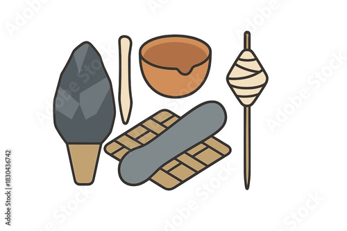 Collection of prehistoric tools and ancient artifacts for early human technology and crafts