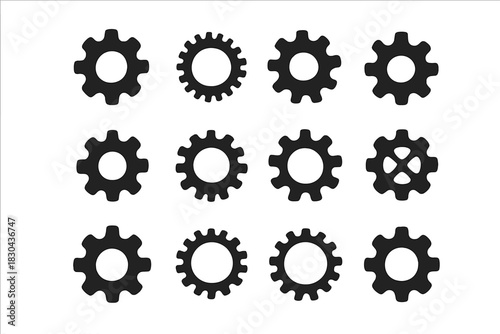 Twelve different black gear and cogwheel icons for settings, machinery, and mechanical processes