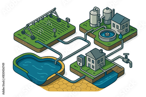 Sustainable water cycle featuring smart irrigation, purification, storage, and residential supply